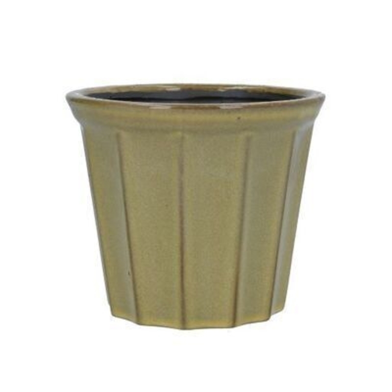 Ceramic ribbed pot cover in Chartreuse. The perfect addition to your home or garden for Spring. By Gisela Graham.